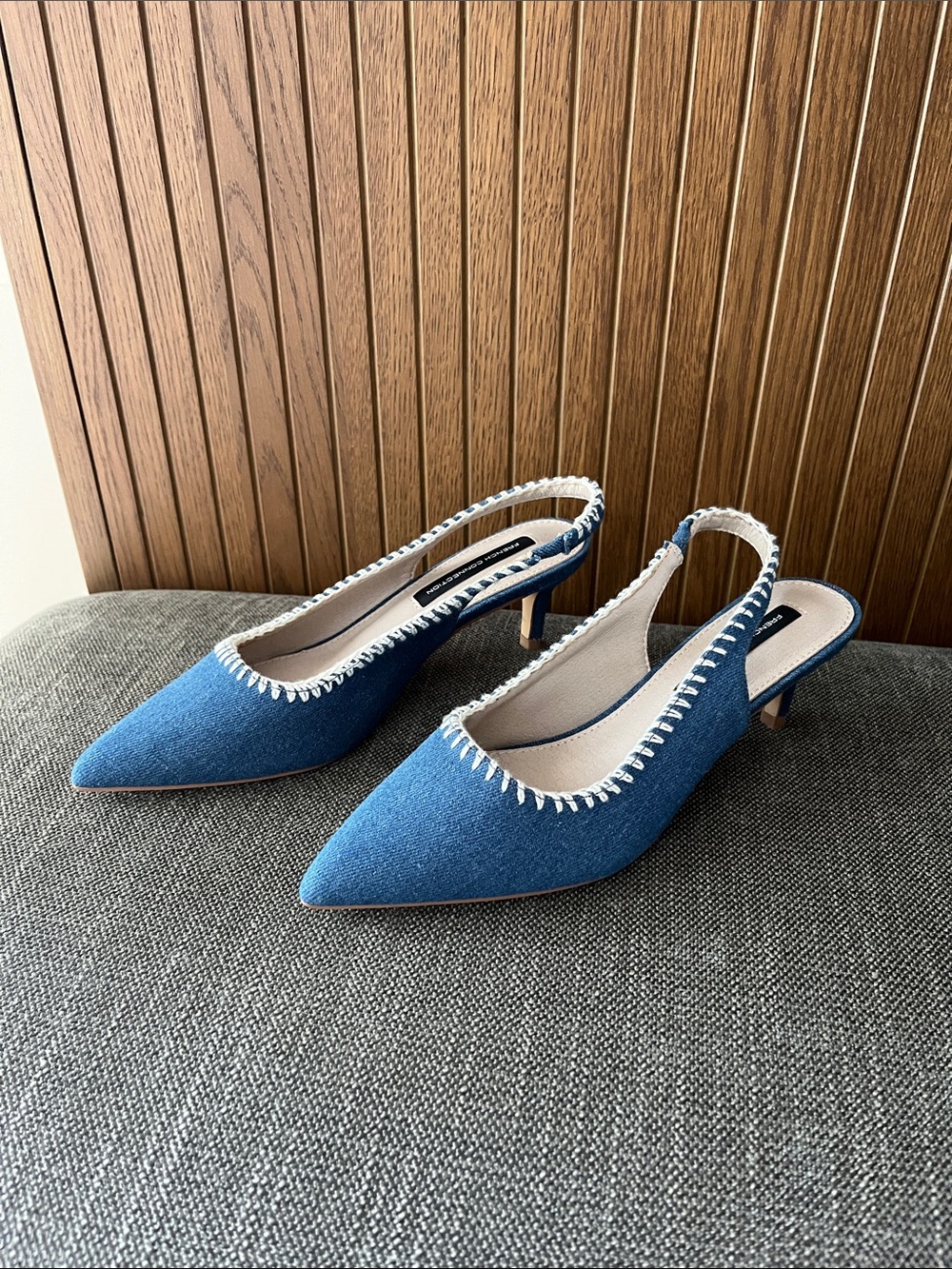 French Connection Blue Pointed-Toe Slingback Kitten Heels with White Trim